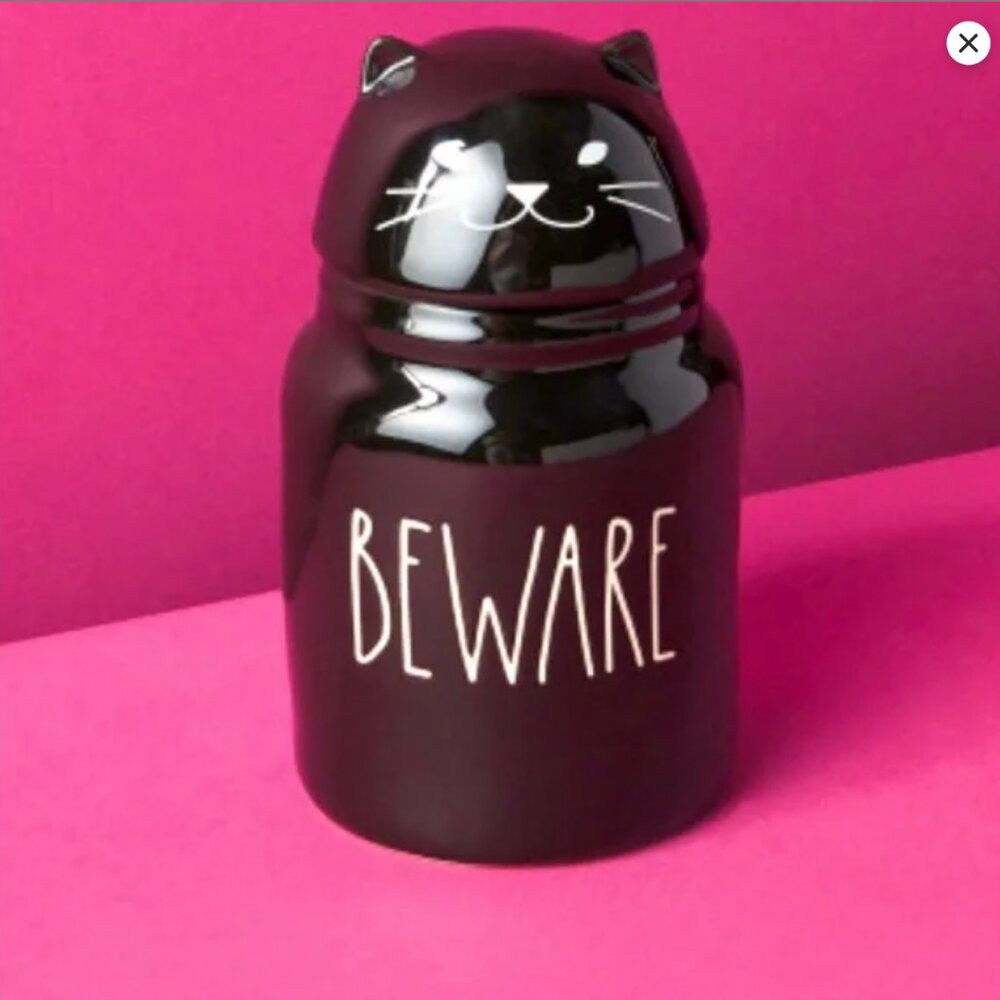 new RAE DUNN 7in Beware Cat pet Canister With Lid Halloween decor snack jar